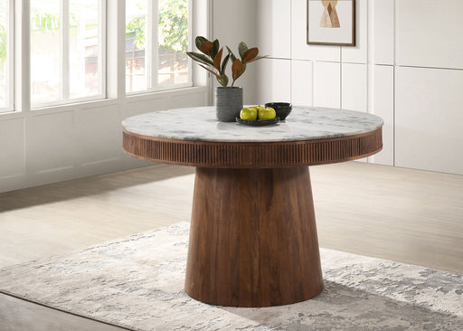 Ortega Round Marble Top Solid Base Dining Table White and Natural image