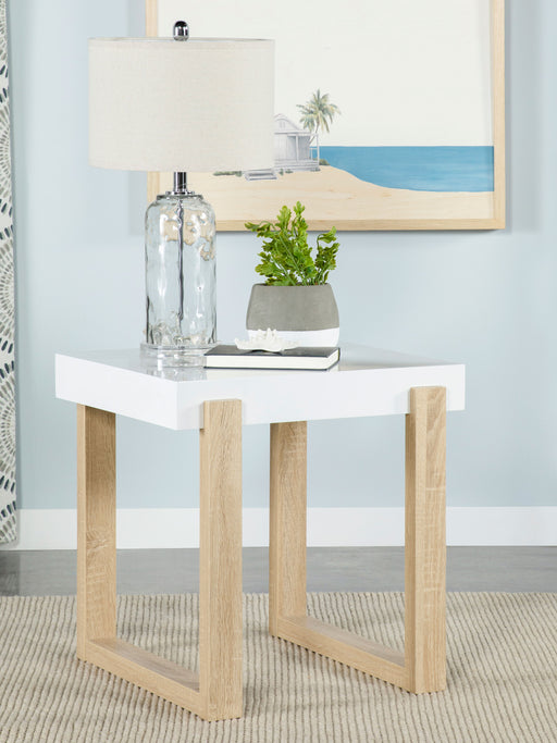 Pala Rectangular End Table with Sled Base White High Gloss and Natural image