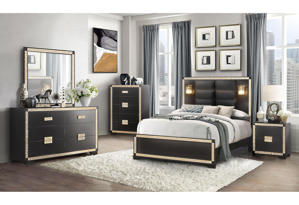BLAKE BLACK/GOLD KING BED GROUP WITH LAMPS - Pay Less Furniture (NJ)