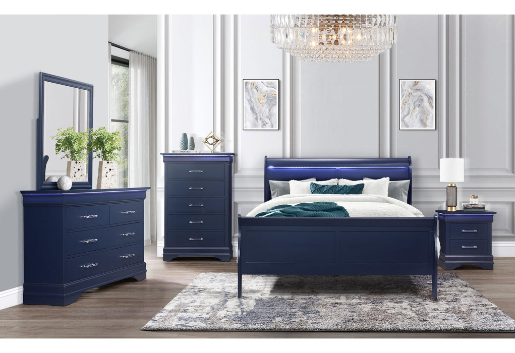 CHARLIE BLUE KING BED WITH LED, DRESSER, MIRROR, NIGHTSTAND - Pay Less Furniture (NJ)
