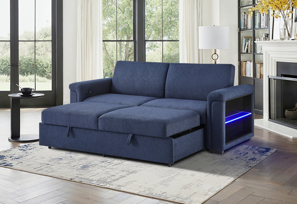 U0211 NAVY PULL OUT SOFA BED WITH LED ACRYLIC SHELVES AND SPEAKERS - Pay Less Furniture (NJ)