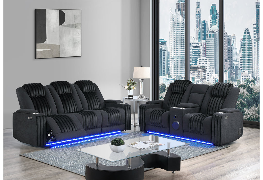 U8000 BLACK PWR REC SOFA/PWR CONSOLE REC LOVESEAT W/PHR - Pay Less Furniture (NJ)