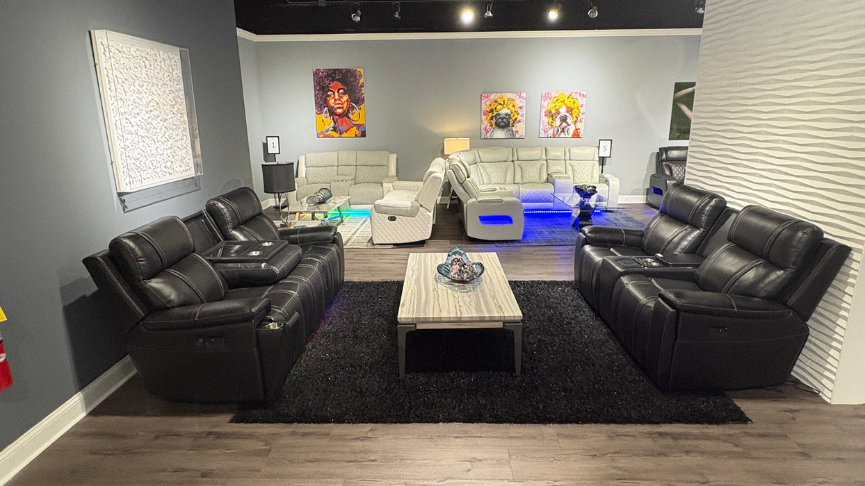 U8881/U8880 BLACK LEATHER PWR REC SOFA/PWR CON REC LOVESEAT/PWR REC - Pay Less Furniture (NJ)