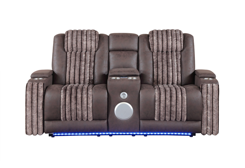 U8000 BROWN PWR CONSOLE REC LOVESEAT W/PHR, LED AND SPEAKER - Pay Less Furniture (NJ)