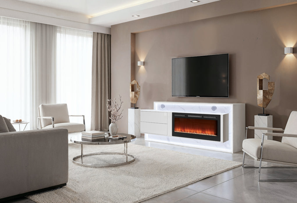 KIRA WHITE 87" ENTERTAINMENT UNIT WITH BLUETOOTH SPEAKER AND LED - Pay Less Furniture (NJ)