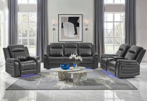 U8879 CHARCOAL PWR REC SOFA/PWR CON REC LOVESEAT/PWR REC W/LED & GL SS - Pay Less Furniture (NJ)