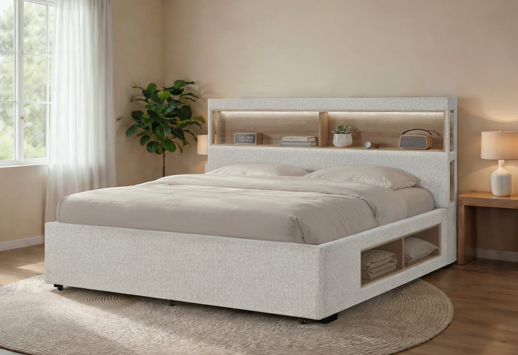 SADIE BEIGE QUEEN BED WITH STORAGE - Pay Less Furniture (NJ)