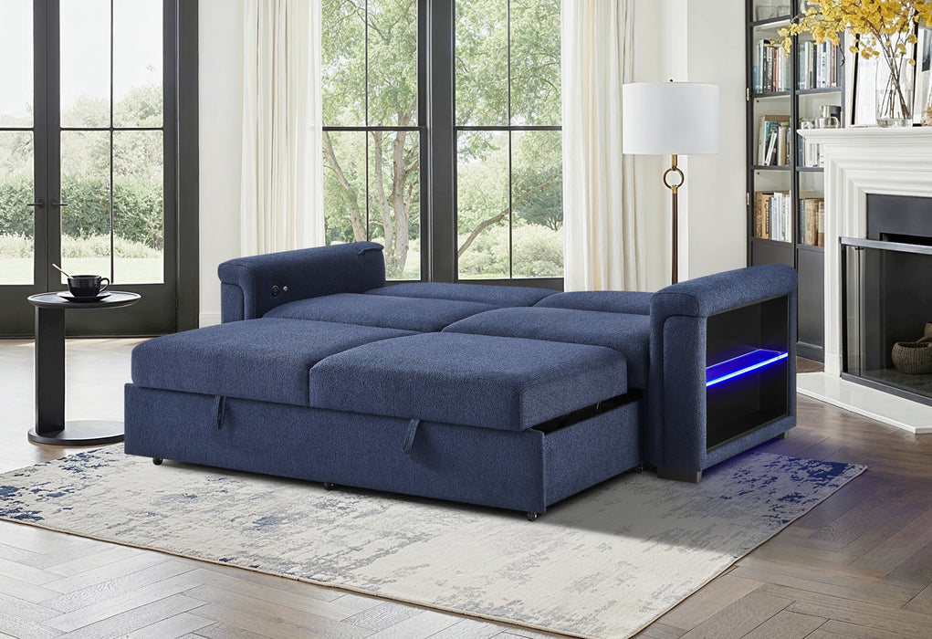 U0211 NAVY PULL OUT SOFA BED WITH LED ACRYLIC SHELVES AND SPEAKERS - Pay Less Furniture (NJ)