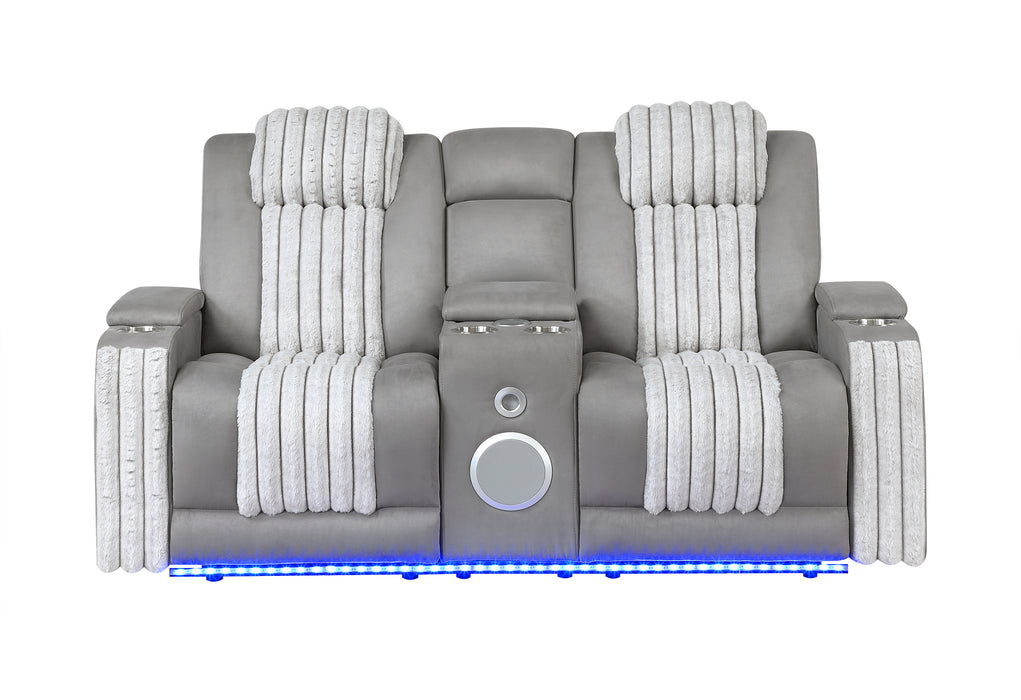 U8000 GREY PWR CONSOLE REC LOVESEAT W/PHR, LED AND SPEAKER - Pay Less Furniture (NJ)