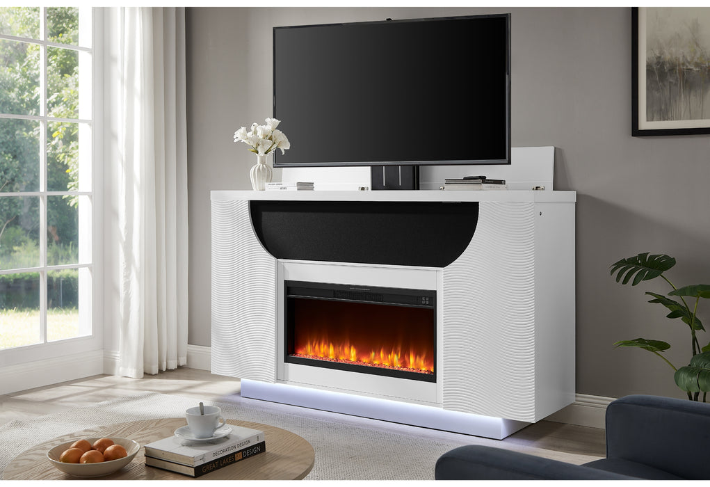 AVEENA WHITE 76" ENT UNIT WITH TV, LED, SPEAKERS, CRYSTAL AND POP-UP - Pay Less Furniture (NJ)