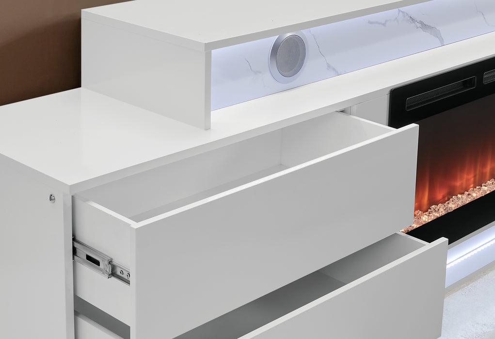 KIRA WHITE 87" ENTERTAINMENT UNIT WITH BLUETOOTH SPEAKER AND LED - Pay Less Furniture (NJ)