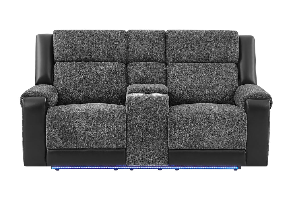 U5915 GREY/BLACK CONSOLE REC LOVESEAT W/IMMERSIVE SOUND & BLUE LED - Pay Less Furniture (NJ)