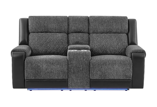U5915 GREY/BLACK CONSOLE REC LOVESEAT W/IMMERSIVE SOUND & BLUE LED - Pay Less Furniture (NJ)