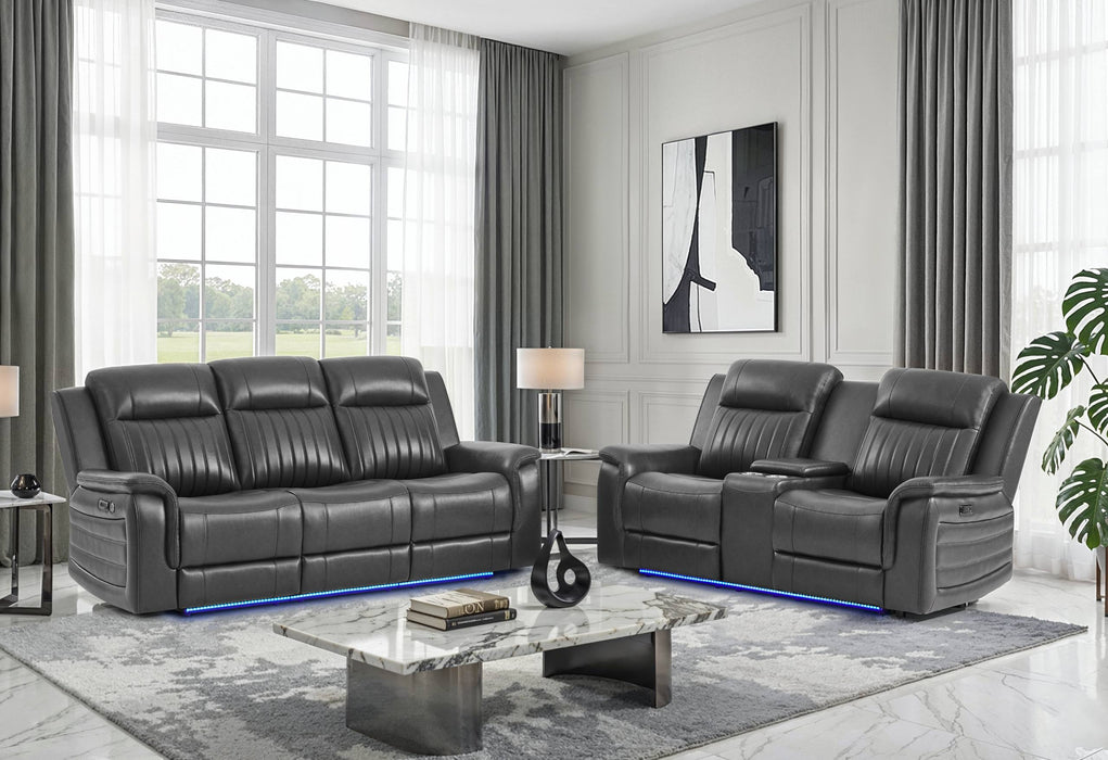 U8879 CHARCOAL PWR REC SOFA/PWR CON REC LOVESEAT W/LED & GL SS - Pay Less Furniture (NJ)