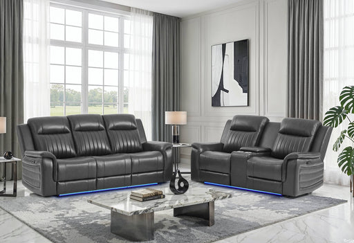 U8879 CHARCOAL PWR REC SOFA/PWR CON REC LOVESEAT W/LED & GL SS - Pay Less Furniture (NJ)